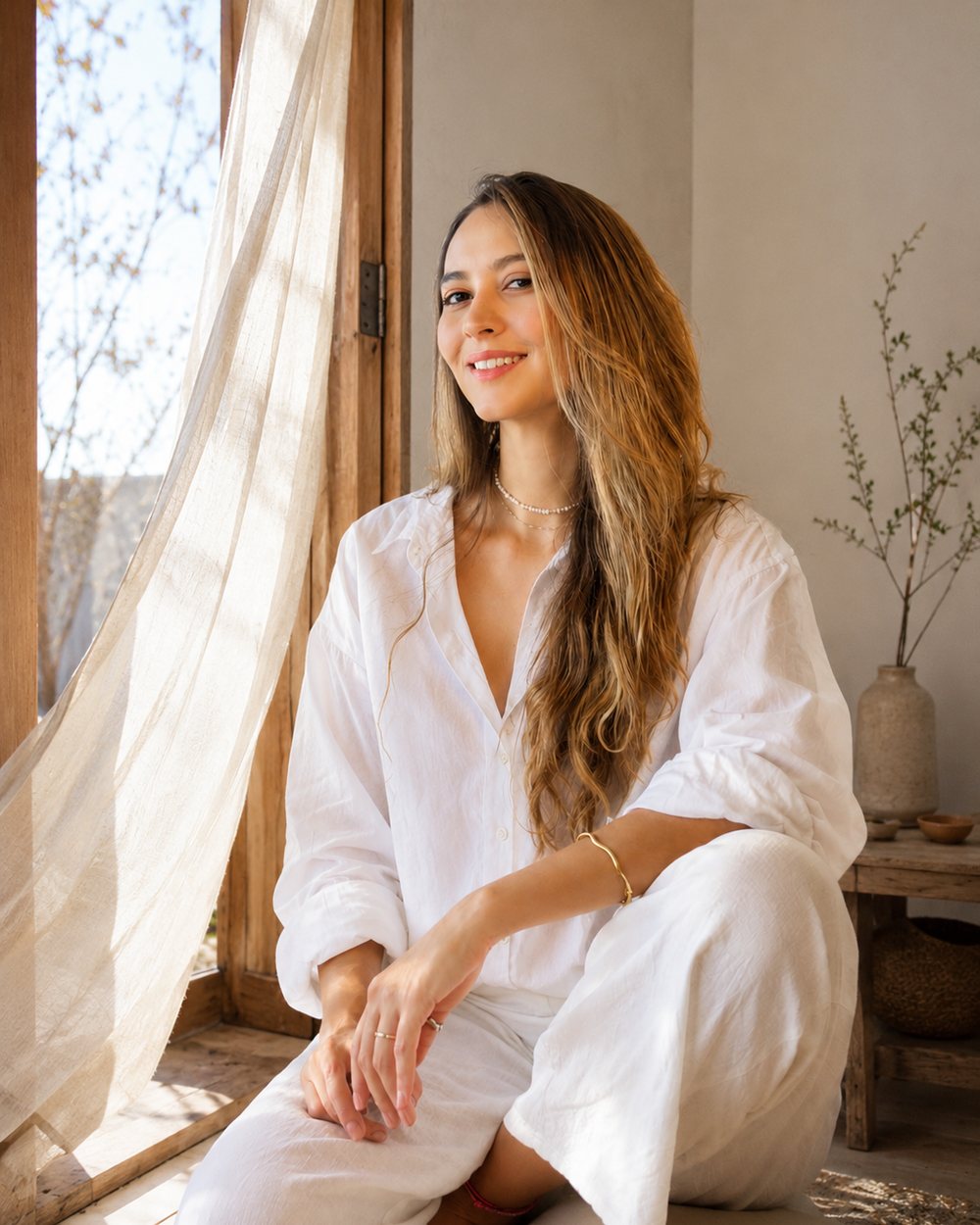 Andressa, fundadora da Espira, sentada junto a uma janela com cortina de linho