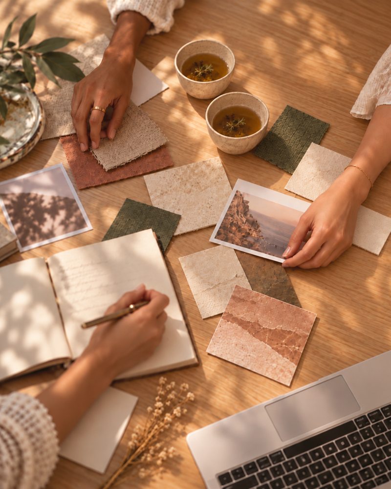 Mãos de três pessoas criando juntas sobre uma mesa de madeira, com amostras de materiais, fotos, um caderno e duas tigelas de chá