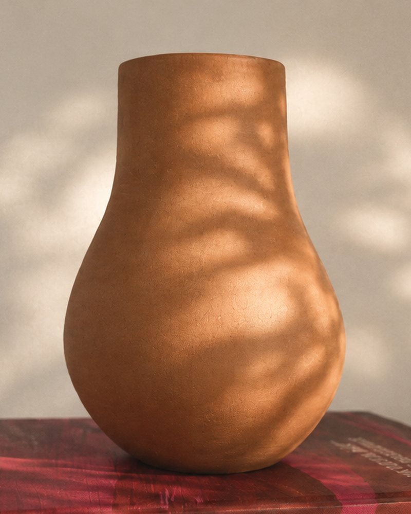 Vaso de barro sobre um livro, com sombras de folhas projetadas pela luz da tarde